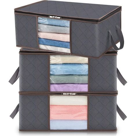 Lot de 3 sacs de rangement 35L, coffre de rangement avec couvercle, grand rangement vêtements, cartons de déménagement, gris (1/5)