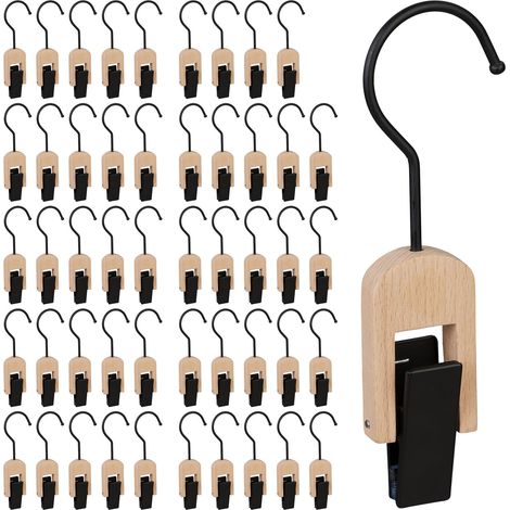 50 x Klemmhaken gummiert, Kleiderklammer mit Haken, für Tücher, Mützen, Klammerhaken Set aus Holz & Eisen, schwarz-natur (1/5)