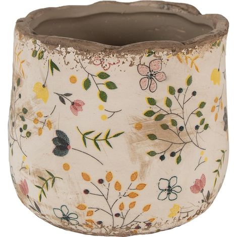 Pot de fleurs en céramique beige à motif floral jaune pour décoration intérieure 14 x 12 cm - PANGIVO
