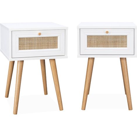 Lot de 2 tables de chevet effet bois blanc et cannage avec 1 tiroir