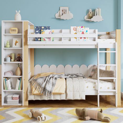 Lit superposé enfant 90x200 cm avec 6 étagères et 4 marches – ouvertes armoire latérale – grand rangement – blanc (1/5)