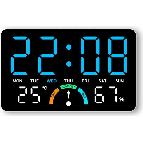 Digital wall clock with date, time, temperature and humidity, dual alarm, comfort reminder, large LED display alarm clock (1/5)