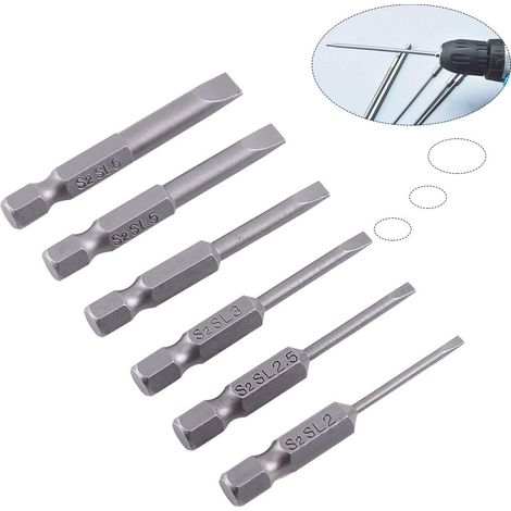 6pcs 50mm 2.0-6.0mm Tête plate embout fendue embouts de tournevis ensemble alliage magnétique 0,25"hexagonale fendue tournevis embouts (1/5)