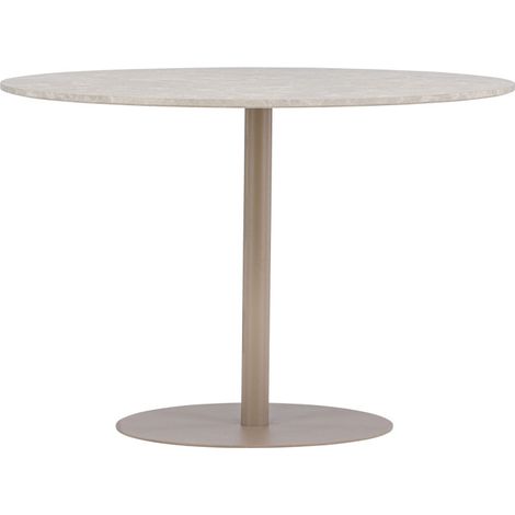 Table de salle à manger ronde 110 cm – 4 personnes – MDF imitation marbre – Pied central en métal beige – Design contemporain (1/6)