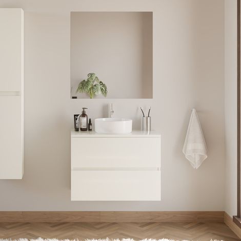 Meuble de salle de bain 60cm avec plateau et vasque à poser ronde - 2 tiroirs - blanc brillant - IDA (1/5)