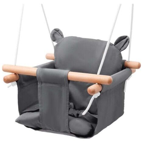 Balançoire Bébé Extérieur en Bois avec Siège Tissu Gris Cordes Réglables Jardin Intérieur Extérieur