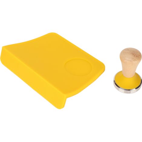 Ensemble presse-café avec manche en bois, base plate et marteau. Tapis de tasseur antidérapant en silicone avec fente, tapis jaune, diamètre du marteau : 58 mm. (1/5)