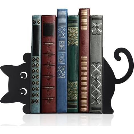 Lot 2 Serre-Livres Métal Chat, Noir, Créatif, Etagère, École Bureau Maison, Cadeau Amoureux Chats Lecteur (1/5)