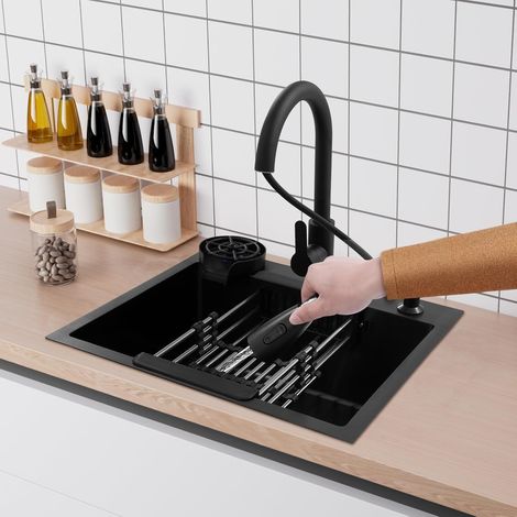 Évier de cuisine 45 x 50 cm, évier de cuisine en acier inoxydable, lavabo intégré, extensible à 360°, avec évier + panier de vidange + distributeur de savon pour évier de cuisine, plan de travail pour (1/5)