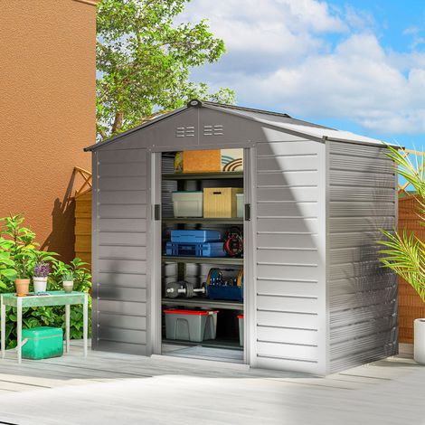 Abri de jardin de 2,43 m², 213 x 131 x 192 cm, abri à outils avec toit en pente, porte coulissante verrouillable, résistant aux intempéries, gris (1/5)