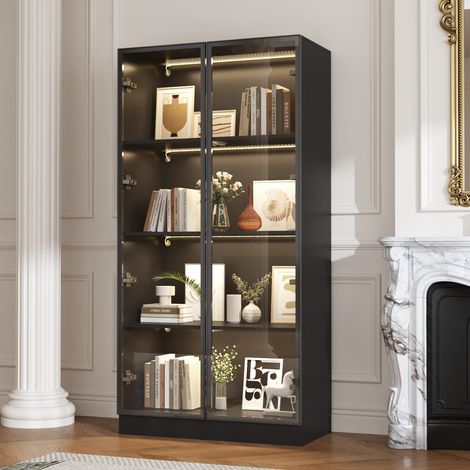Glasvitrine Vitrine mit Glastüren und LED-Beleuchtung, MDF+Glas, 80×40×160 cm,Schwarz (1/5)