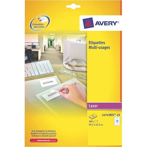 Etiquettes enlevables 99,1 x 42,3 mm Avery L4743-25 - Pochette de 300 (1/3)