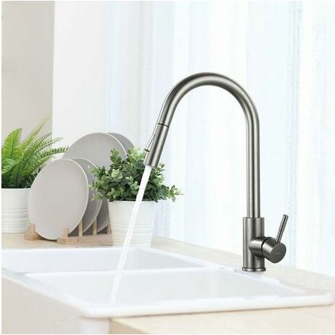 Kitchen Faucet with Pull-Out Spray Dark Gray 360° Rotatable Stainless Steel Kitchen Sink Mixer Tap 2 Functions (1/4)