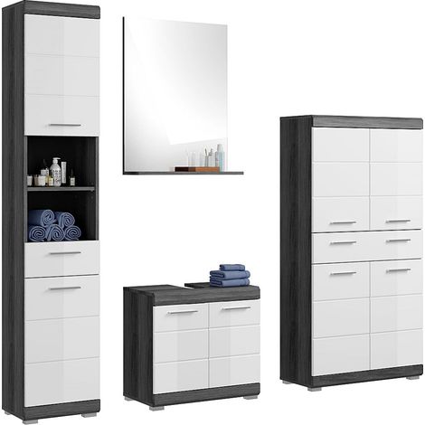 Badezimmermöbel Set 4-teilig modern in Hochglanz weiß mit grau SIROCO-158 (1/5)