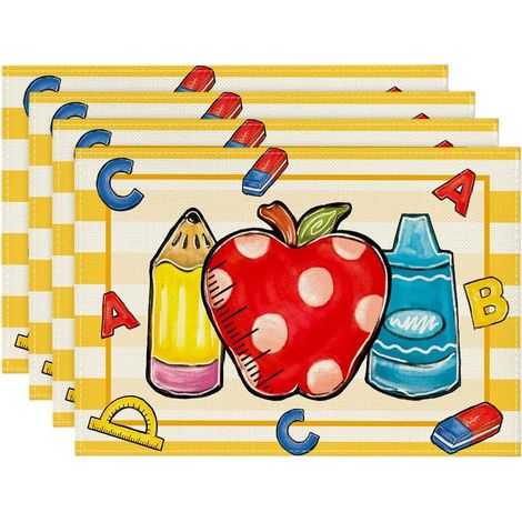 Lot de 4 sets de table « Rentrée des classes » – Motif rayures, crayons et colle, 30 x 45 cm – Idéal pour la semaine d’appréciation des enseignants, les fêtes, la décoration de classe et de salle à ma (1/5)