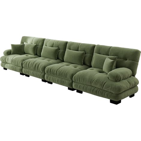 Canapé d'angle modulable 4 places en chenille vintage verte, assise profonde confortable (1/5)