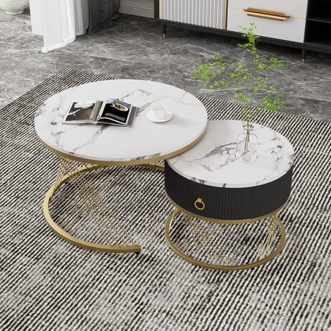 Ensemble de 2 tables basses gigognes blanche et noire, palcage de marbre, table ronde avec tiroirs (1/5)