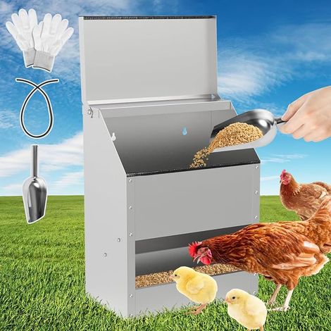 Distributeur automatique de nourriture pour poulets 11,5 kg – Grand distributeur de nourriture pour poules, canards, volailles avec couvercle, support mural et accessoires pour poules (1/5)