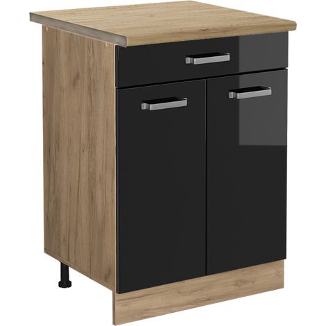 Meuble cuisine R-Line, Noir Haute brillance, 60 cm avec tiroir, PT Chêne, Vicco