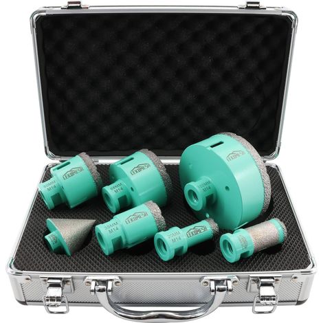 Foret Diamant Carrelage Kit - 7pcs (20/35/50/68/100mm+25mm Forets de Forage et de Fraisage+50mm Forets Chanfreinés) Trépan Diamant pour Porcelaine Céramique Carrelage Granit Marbre (1/5)