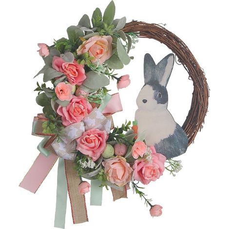 Decoración de Pascua: guirnalda de conejos, corona, plantas artificiales, decoración colgante para fiestas. (1/5)