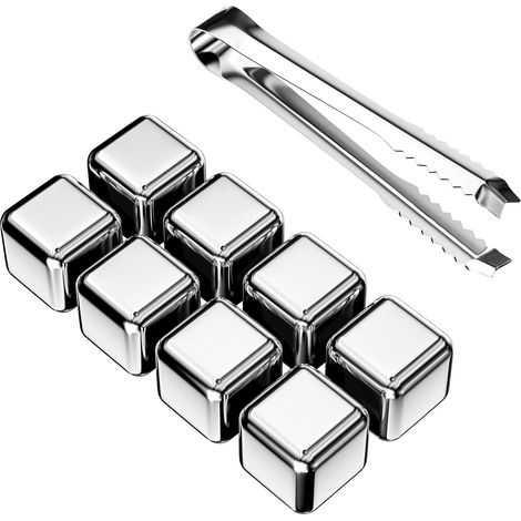 Set mit 8 Eiswürfeln + Eiswürfelzange aus lebensmittelechtem Edelstahl, wiederverwendbare Eiswürfel (silber) (1/5)