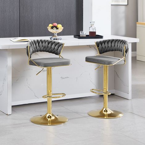 WOLTU Barhocker 2er Set, Barstühle höhenverstellbar, 360° Drehstuhl, Küchenhocker mit geflochtener Rückenlehne Fußstütze, Tresenhocker aus Samt und Metall, Dunkelgrau (1/5)