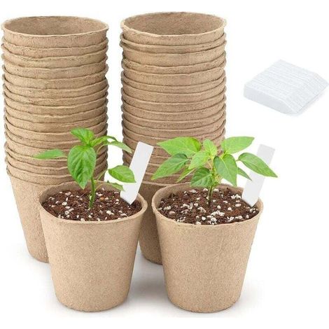 50 Pièces 6CM Pot de Culture Biodegradable pour Semis, Peti Pot pour Plantation, avec 50 5x1 cm Etiquette Plante (1/4)