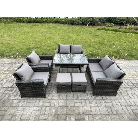 Fimous Rattan Garden Furniture Set Patio Outdoor Lounge Sofa Set with Rectangular Dining Table Double Seat Sofa 2 Small Footstools Dark Grey Mixed (1/5)
