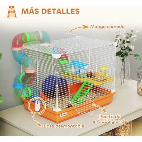 Cage pour hamster avec tunnel, gamelle, biberon, maisonnette, rampe, roue d'exercice, plateau amovible, 46 x 30 x 37 cm, orange (1/5)