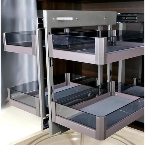 Evotrade – Panier d’angle coulissant en métal pour cuisine – 4 plateaux en verre extractibles – Dimensions 600x520x590mm – Charge 5kg par plateau (1/2)