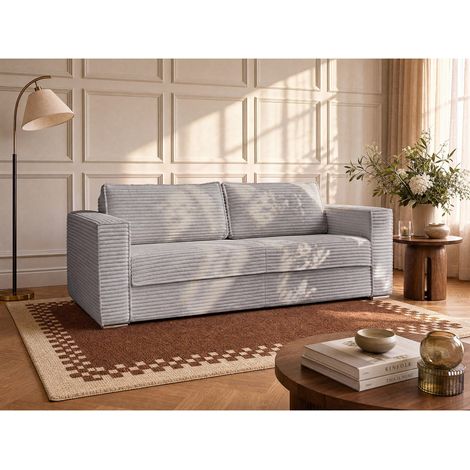 Canapé 4 places convertible express en velours côtelé grosses côtes gris clair - Couchage 160 cm - Matelas 18cm LORETO (1/4)