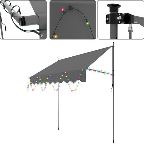 Randaco Markise Klemmmarkise mit Handkurbel Sonnenschutz und UV-Schutz und wasserfestund höhenverstellbar Gelenkarm mit LED 400cm