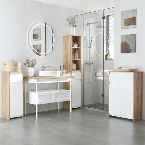kleankin Meuble Colonne Rangement Salle de Bain Style Cosy 3 niches tiroir Placard avec étagère Blanc Aspect chêne Clair