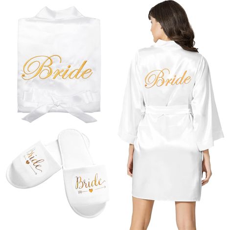 Ensemble de Peignoir Satin Femme Bride Robe de Chambre Mariee Courte en Satin et Pantoufles de Mariée pour Chemise de Nuit Bride (1/5)