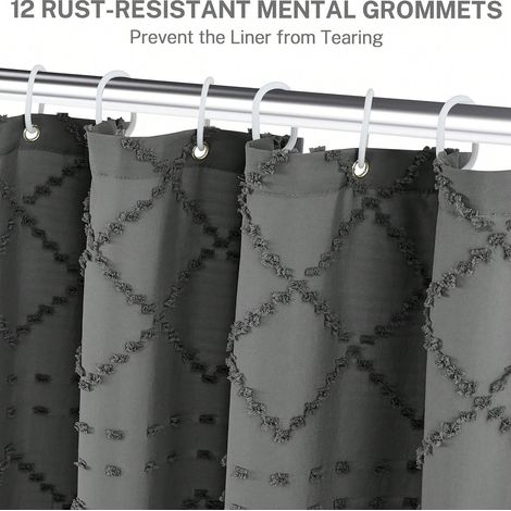 Set aus mehrfarbigen Duschvorhängen mit böhmischem Rautenmuster, 12 rostfreien Ösen und Quasten, luxuriöse graue Badezimmerdekoration