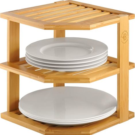 Cabinet Organizer Shelf - Bamboo Corner Rack for Kitchen Counter, Cabinet Space Saver for Plates, Dishes, Bowls, Bread Pantry, Bathroom Storage or Countertop Stand, Stackable Design (1/5)