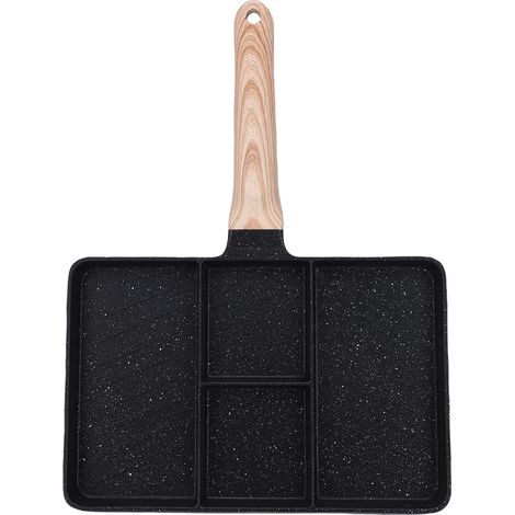 Unterteilte Grillpfanne aus Aluminiumlegierung, 4 antihaftbeschichtete Bereiche, Frühstückspfanne mit Holzgriff für die Zubereitung von Eiern zu Hause (1/5)