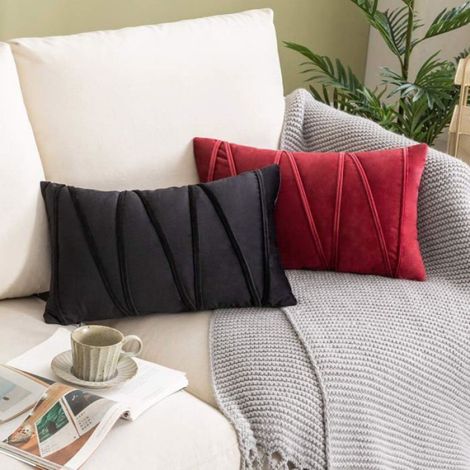 Lot de 2 housses de coussin décoratives 30x50 cm pour canapé, en velours moelleux à rayures, noir (1/4)