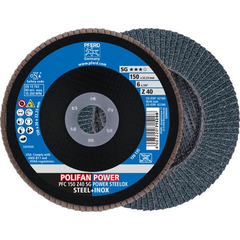 PFERD TOOLS POLIFAN POWER Fächerscheibe PFC 150x22,23 mm konisch Z40 SG STEELOX Stahl/Edelstahl 10 Stk