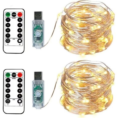 Guirlande lumineuse d'extérieur 2 x 10 mètres 100 LEDs – Blanc chaud – Prise USB avec télécommande – 8 modes d'éclairage étanches (1/5)