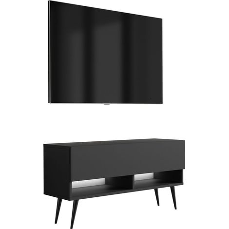 Meuble TV : Noir Mat, pieds obliques noirs, LED blanche, 100 × 32 × 52 cm (1/5)
