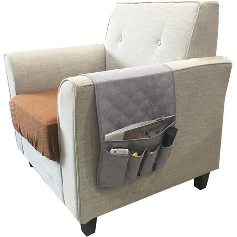Organisateur d'accoudoir antidérapant pour canapé et fauteuil, sac de rangement à 5 poches pour tablette, téléphone, télécommande TV, 35 x 13 pouces (gris)