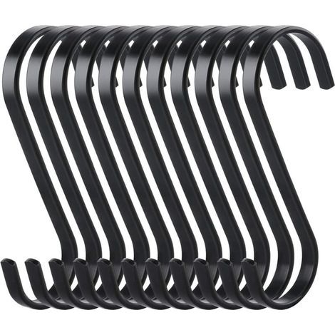 10 ganchos metálicos planos en forma de S para colgar, ganchos resistentes para cocina, ganchos multifuncionales para cocina, carne, carnicería, ropa, plantas, herramientas de jardinería, color negro. (1/4)