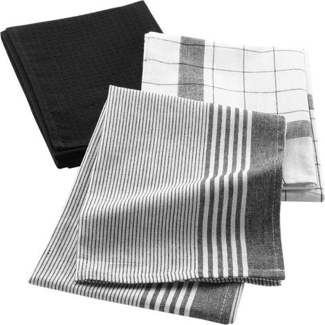 Lot de 3 torchons en coton tissé nid d’abeille Noir 50x70 cm (1/3)