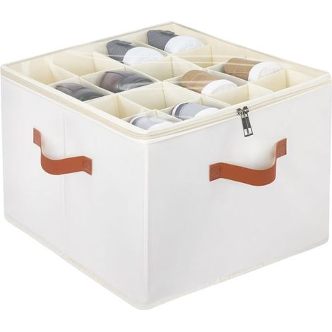 Organisateur de chaussures en tissu beige Armoire de rangement à chaussures réglable avec couvercle transparent, compartiments personnalisables, poignées renforcées – jusqu'à 16 paires (1/4)