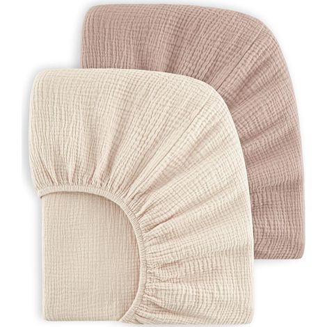 Lot de 2 draps-Housses en Mousseline de Coton pour Enfant 60 x 120 cm / 70 x 140 cm 100% Coton pour lit de Voyage, lit d'appoint (Beige, 70x140cm) (1/5)