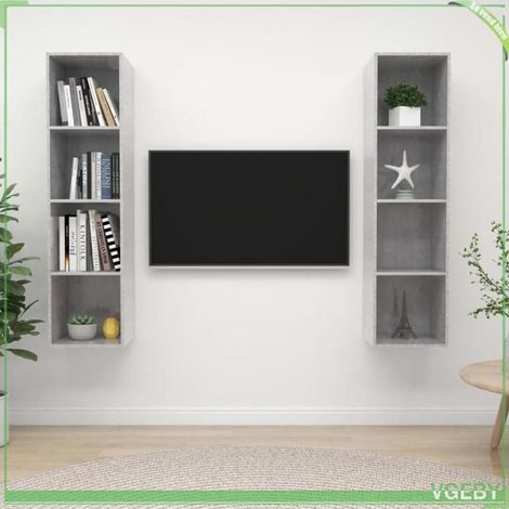 Meuble TV mural - FAF7291712407352 - Gris béton - Bois d'ingénierie - 4 compartiments - Lot de 2 (1/5)