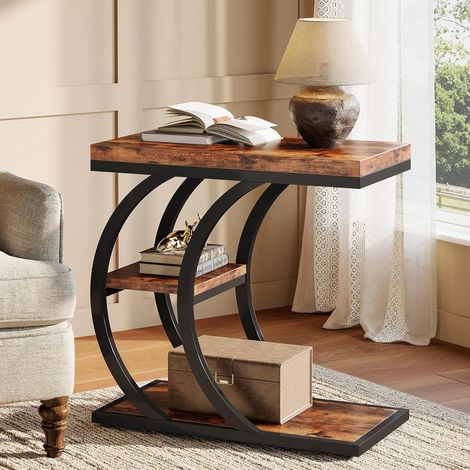 Tribesigns C-Shaped Side Table, 3-Tier Narrow Wood Bedside Table, Small Coffee Sofa Table with Storage for Living Room, Industrial Nightstand (1) (1/5)