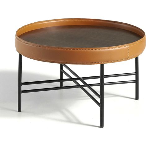 Table basse ronde bois anneau circulaire rembourré de cuir pieds acier peint époxy - Noyer, cognac (1/4)